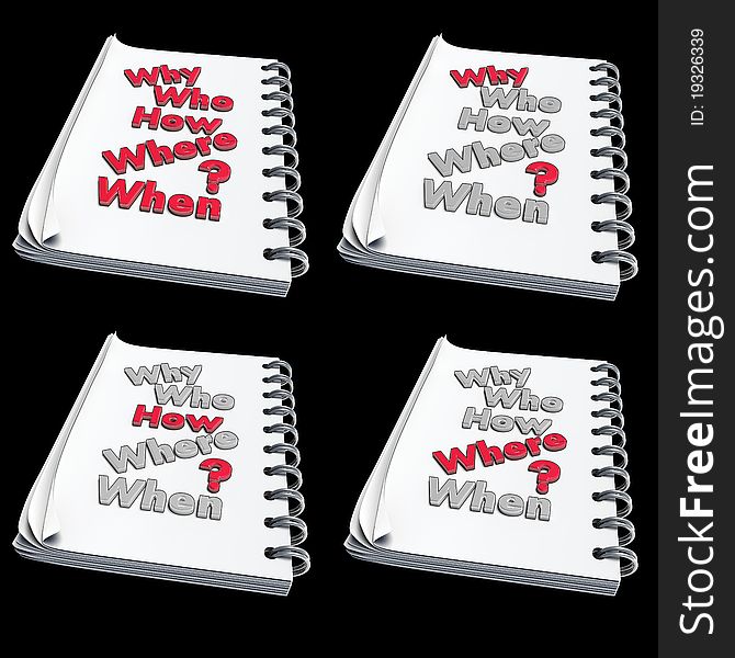Note book with red and gray letters, set of four, made in 3D sofware. Note book with red and gray letters, set of four, made in 3D sofware.