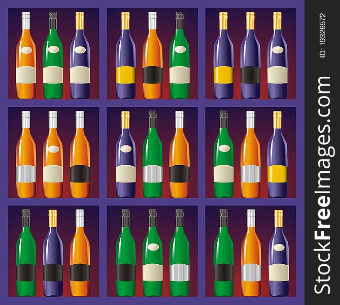 Violet showcase with colored bottles. Violet showcase with colored bottles
