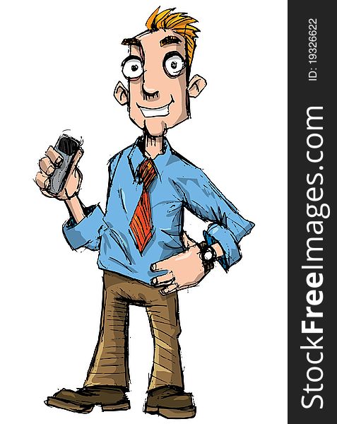 Cartoon salesman with a mobile phone