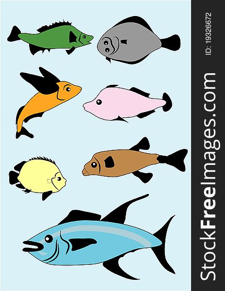 сolor silhouettes of fishes on blue background