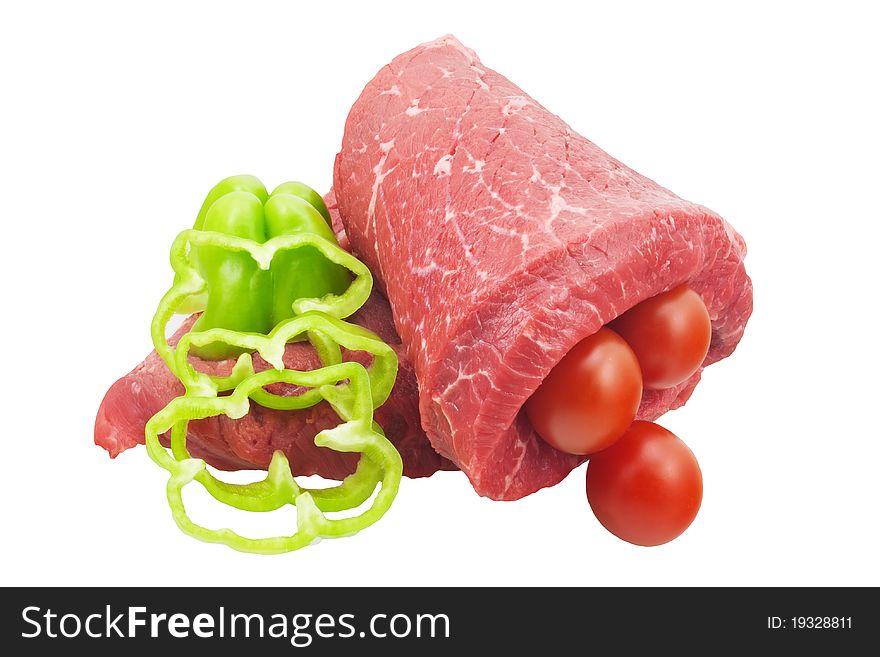Raw beef, green pepper, tomatoes isolated on white. Raw beef, green pepper, tomatoes isolated on white