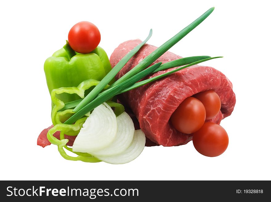 Raw beef, green pepper, tomatoes, onion and chive isolated on white. Raw beef, green pepper, tomatoes, onion and chive isolated on white