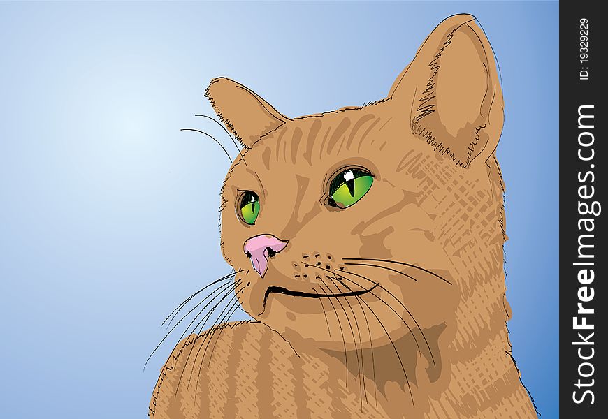 Brown cat head on blue background - illustration