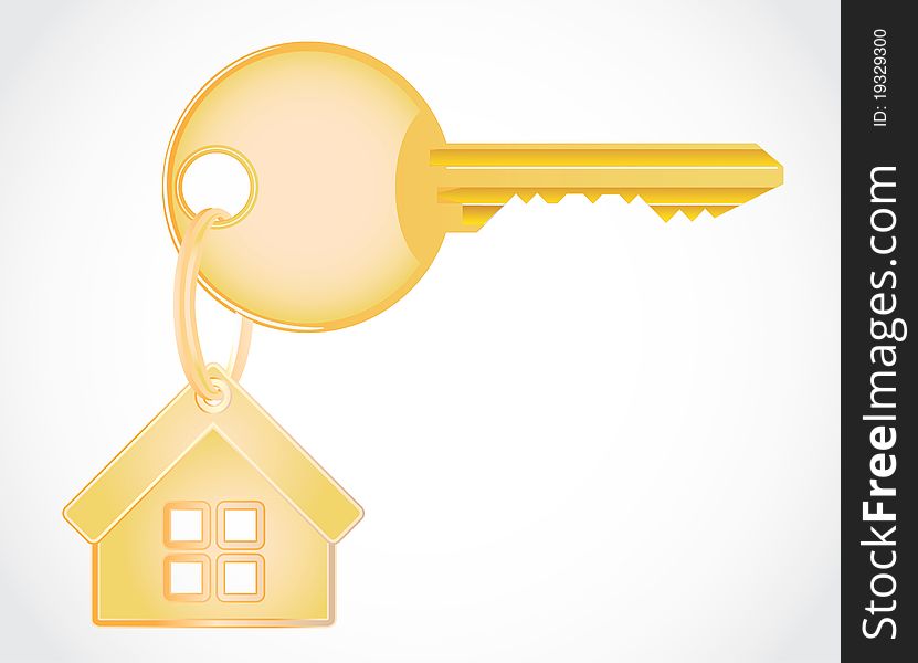 Isolated metallic gold key from house - detailed realistic illustration