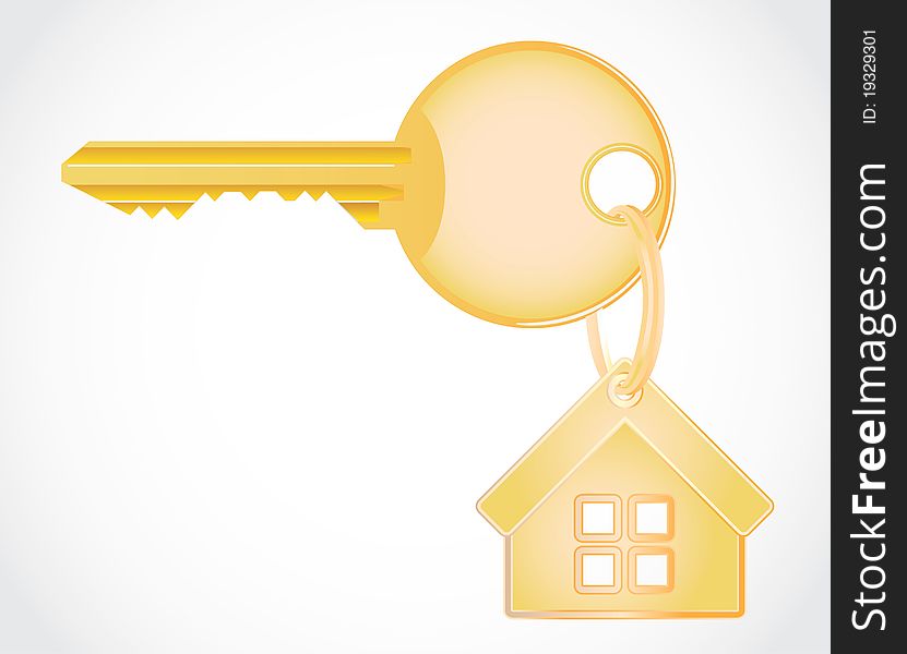 Isolated metallic gold key from house - detailed realistic illustration