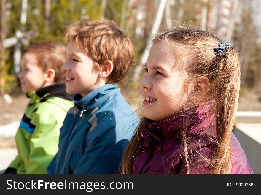 Three children for walk laugh, outdoor. Three children for walk laugh, outdoor