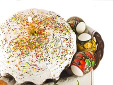 Easter Cake With Candle And Eggs On A Background Royalty Free Stock Photography