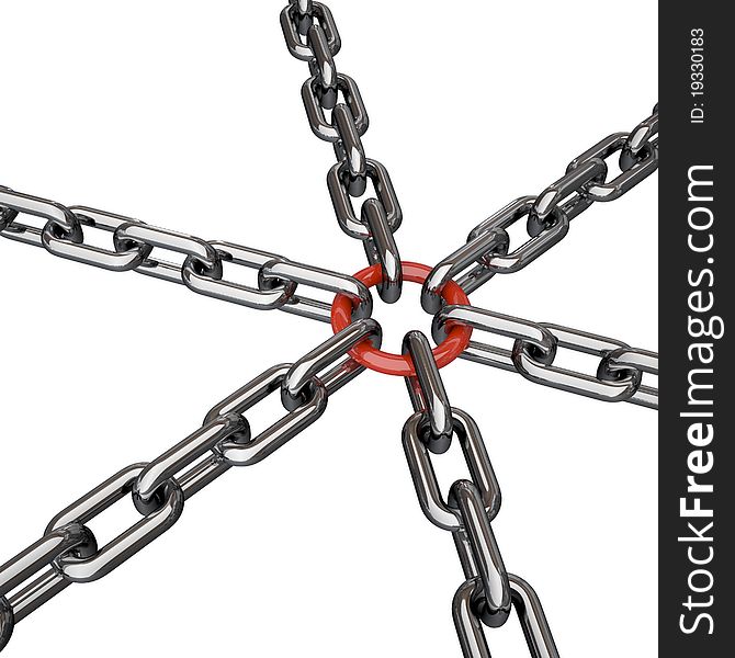 6 chains coupled with a red link. 6 chains coupled with a red link