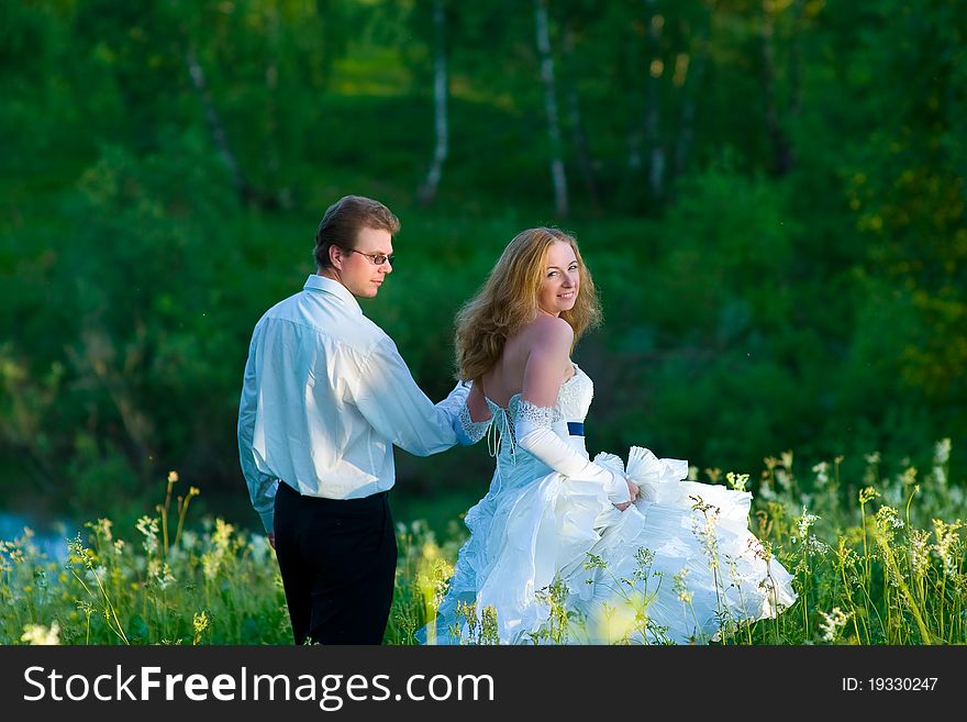 The bride and groom in wedding attire walking in tall grass. The bride and groom in wedding attire walking in tall grass