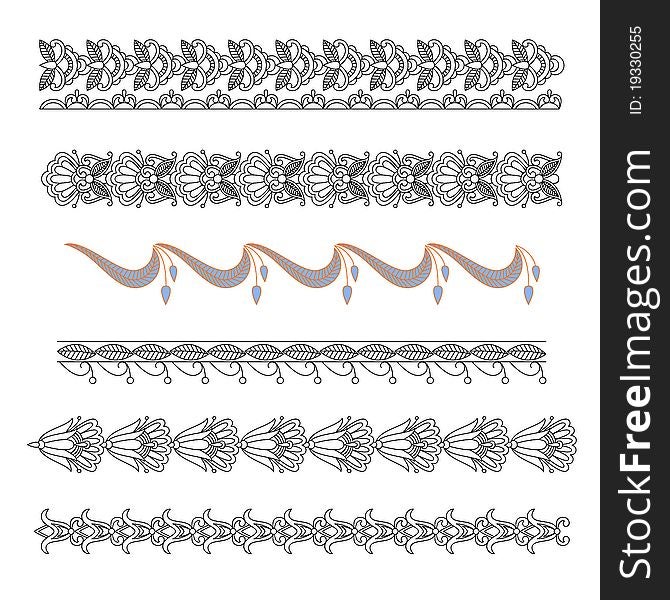 Six colored ornamental seamless pattern stripes. Six colored ornamental seamless pattern stripes.