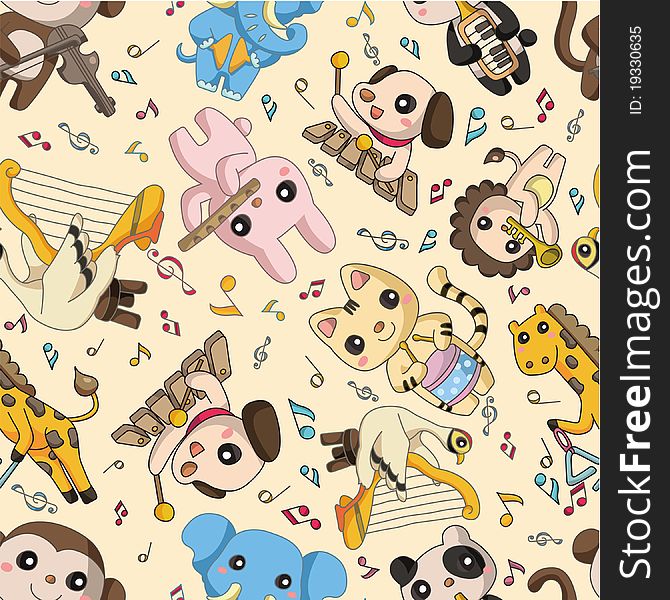 Seamless animal play music pattern, drawing