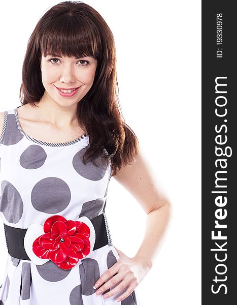 Playful cute woman in stylish dress, white background