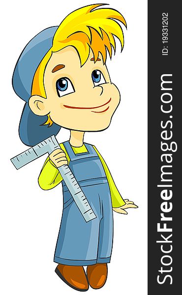 Boy in overalls with a ruler