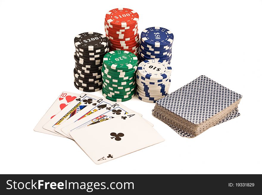 Bunch of casino chips, deck of cards and pocker straight isolated on white. Bunch of casino chips, deck of cards and pocker straight isolated on white.