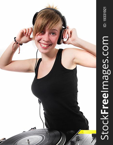 Funny teenage female disc jockey on white background. Funny teenage female disc jockey on white background
