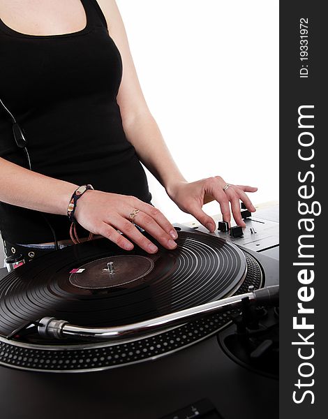 Hands of a disc jockey girl mixing music. Hands of a disc jockey girl mixing music