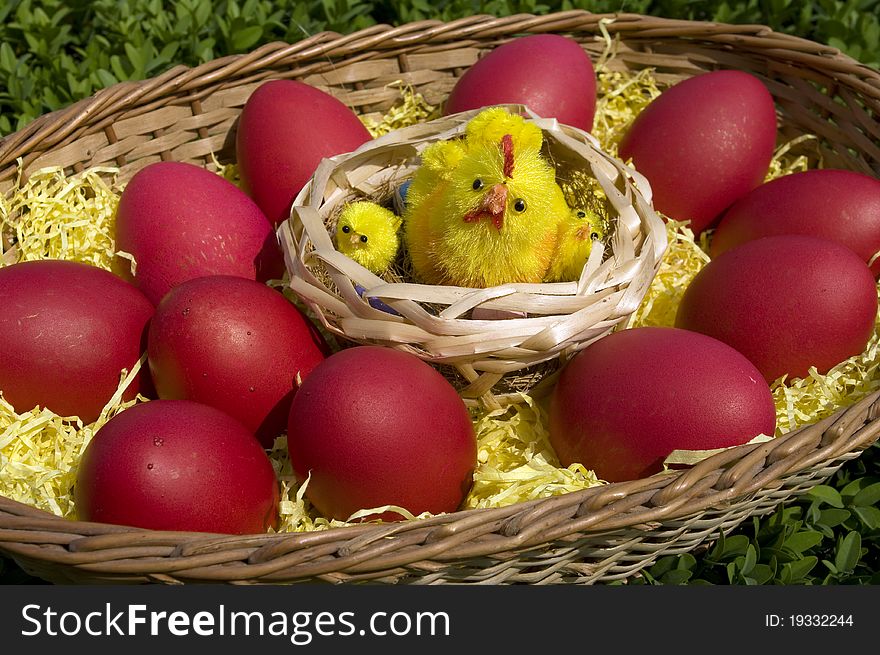 Boiled painted eggs in a basket during the Easter time