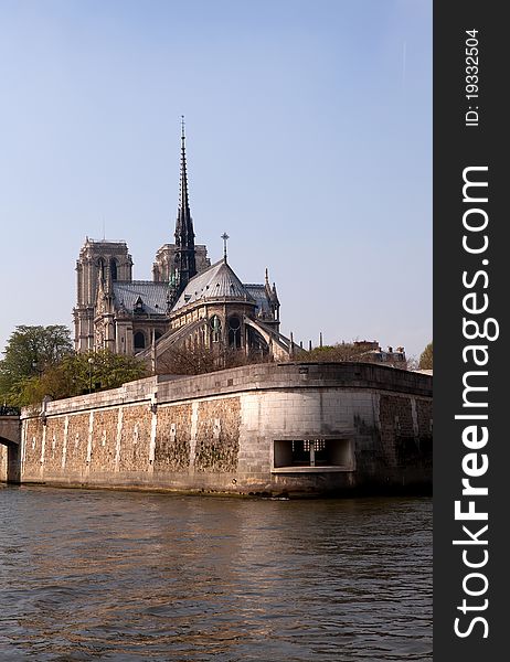 View of Notre Dame on the Ile de la Cite from the East, viewed from the Seine. View of Notre Dame on the Ile de la Cite from the East, viewed from the Seine