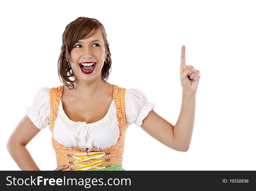 Girl In Dirndl Points With Finger At Ad Space