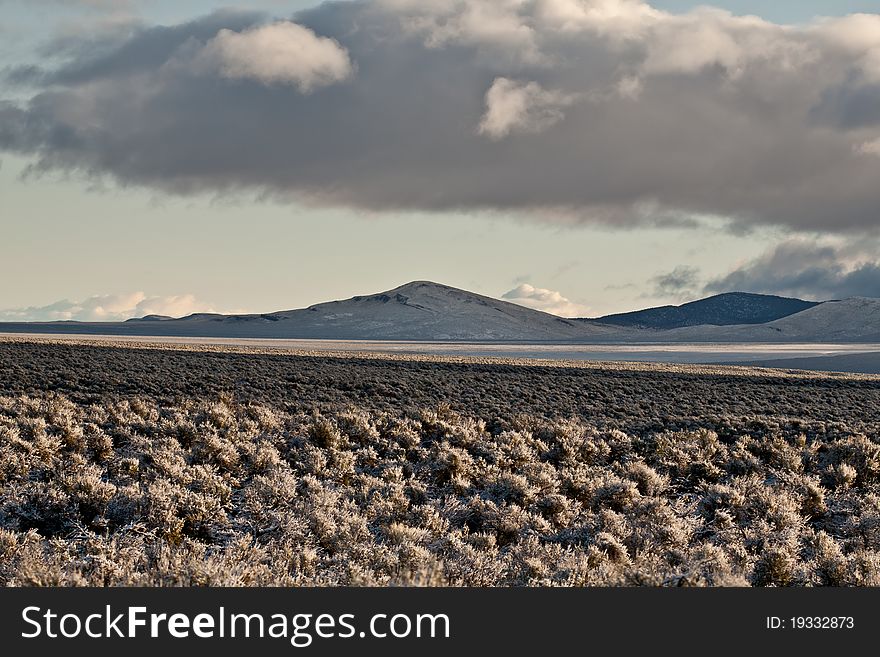 A photograph of the snow in the Nevada desert. A photograph of the snow in the Nevada desert.