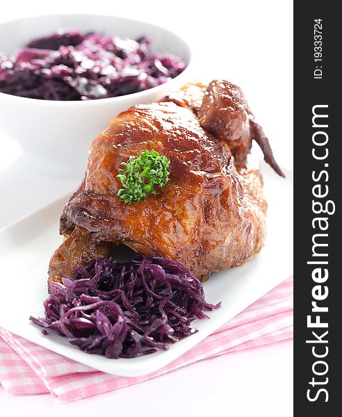 Fresh roasted chicken and red cabbage