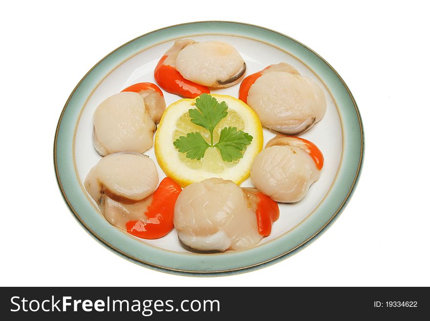 Fresh uncooked scallops on a plate with lemon and parsley. Fresh uncooked scallops on a plate with lemon and parsley