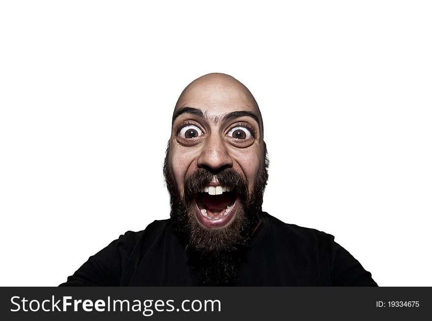 Man with big eyes that screams on white background