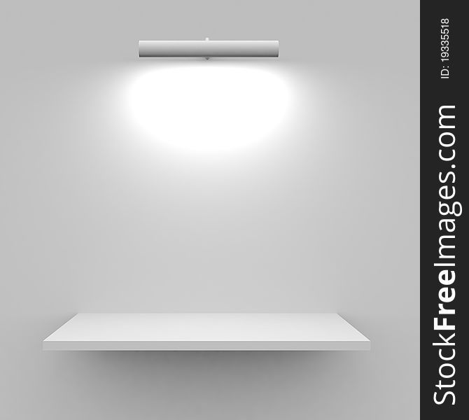 Empty white shelf with lamp. 3D render image.