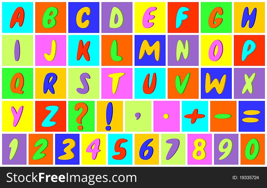 Multicolored letters of the English alphabet,set of figures and punctuation marks.They are located on multicolored squares. Multicolored letters of the English alphabet,set of figures and punctuation marks.They are located on multicolored squares.