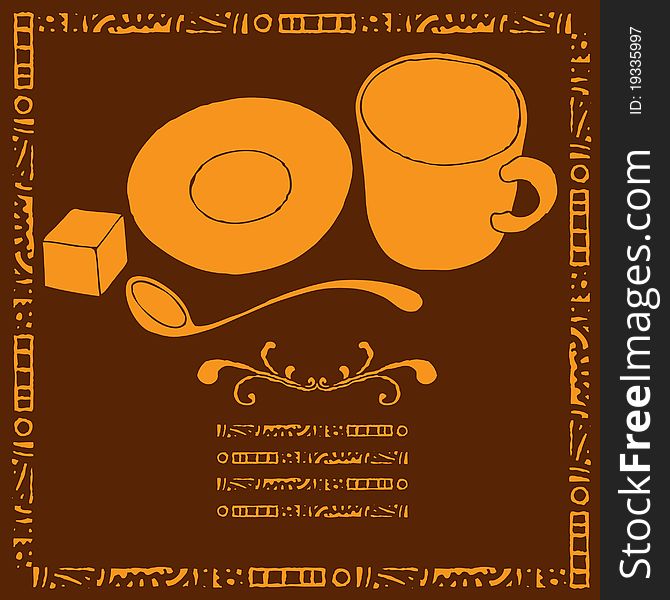 Coffee menu illustrations with cup, plate, spoon, and sugar cube. Coffee menu illustrations with cup, plate, spoon, and sugar cube