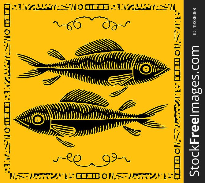 Fish pair woodcut, black on yellow, front cover