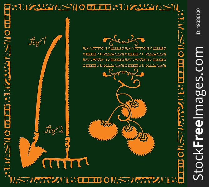 Gardening gold label with text box, tools and tomato