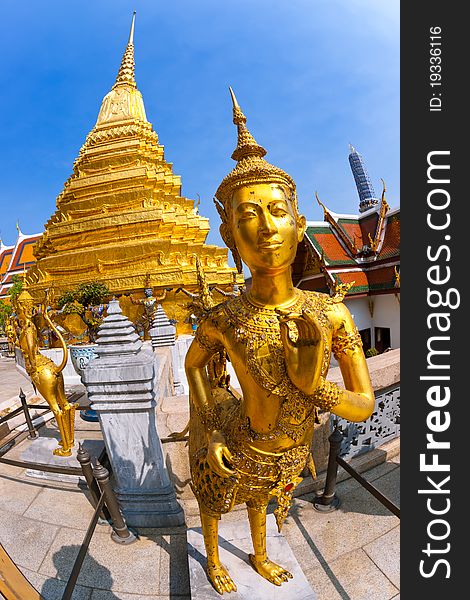 Grand Palace in Bangkok, Thailand, Kinnari statue at Wat Phra Kaew  ,Mythological creature, half bird, half man,Temple. Grand Palace in Bangkok, Thailand, Kinnari statue at Wat Phra Kaew  ,Mythological creature, half bird, half man,Temple