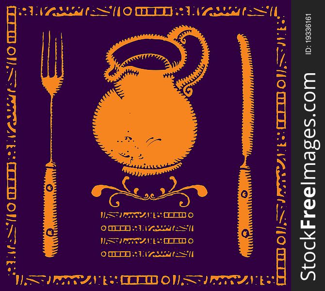 Golden jar menu illustration with fork and knife, text box on violet