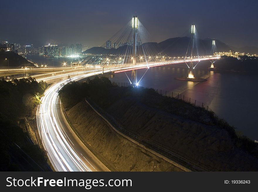 Ting Kau Bridge in Hong Kong at night.