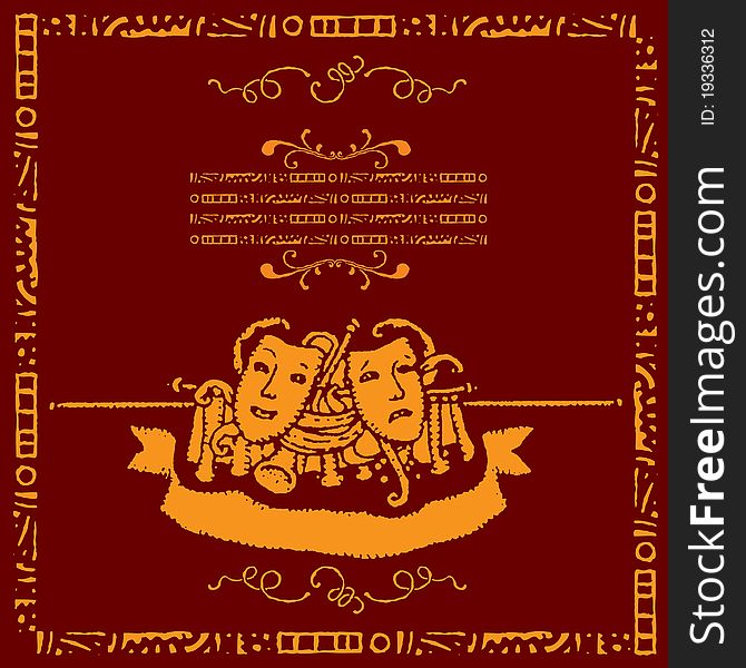 Theater gold label, tragedy and comedy with text box, on red