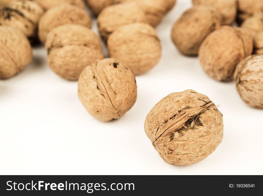 Walnuts on white, close up. Walnuts on white, close up