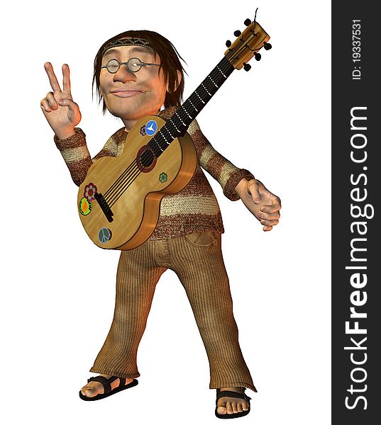 3D Rendering Man with a guitar and Peace Message