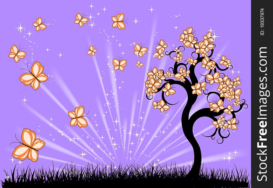 Fairy meadow with tree and butterflies. Fairy meadow with tree and butterflies