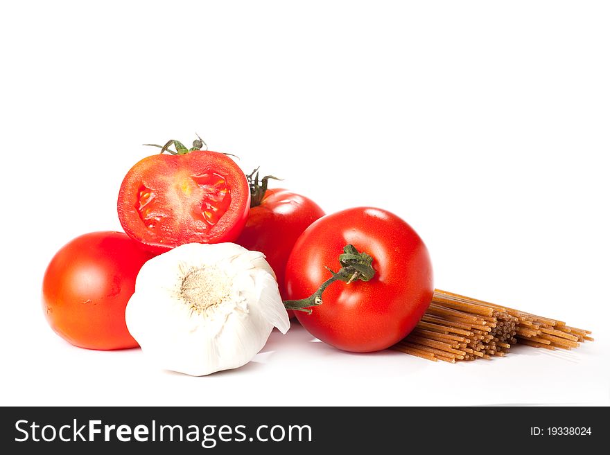 Tomato pasta on white background