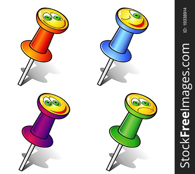 Set of colorful office pushpins with smiling faces. Set of colorful office pushpins with smiling faces