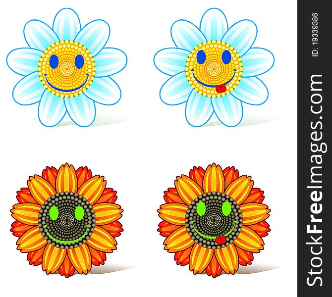 Heads of sunflower and daisy with smiling faces. Heads of sunflower and daisy with smiling faces