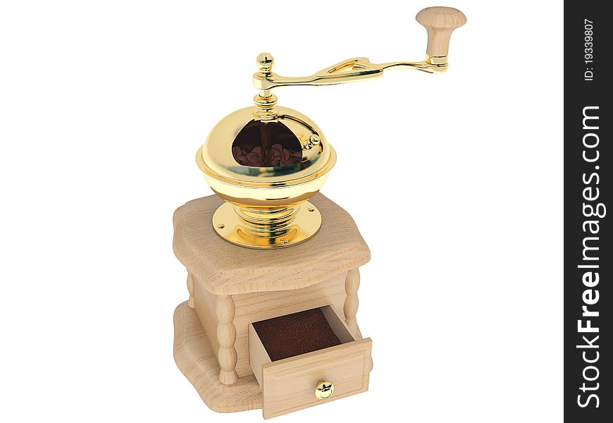 Coffee grinder of light wood on white background