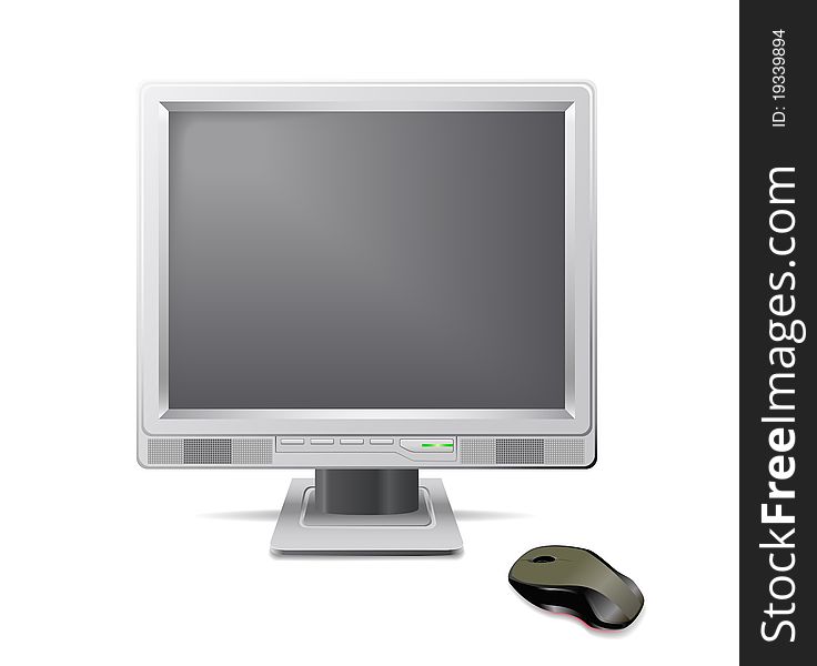 Grey monitor and mouse are shown in the picture. Grey monitor and mouse are shown in the picture.