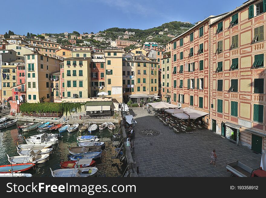 The characteristic seaside village of Camogli in the eastern Ligurian Riviera located between Recco and Rapallo. The heart of the town is in its characteristic porticcilo full of fishing boats and pleasure craft.