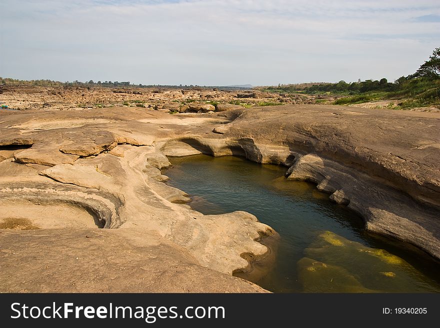 A lot of holes by current of water at river side mekhong river Thailand