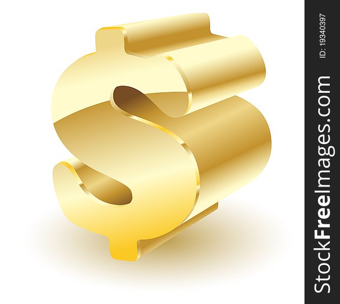 Illustration of gold sign is a dollar, on a white background.