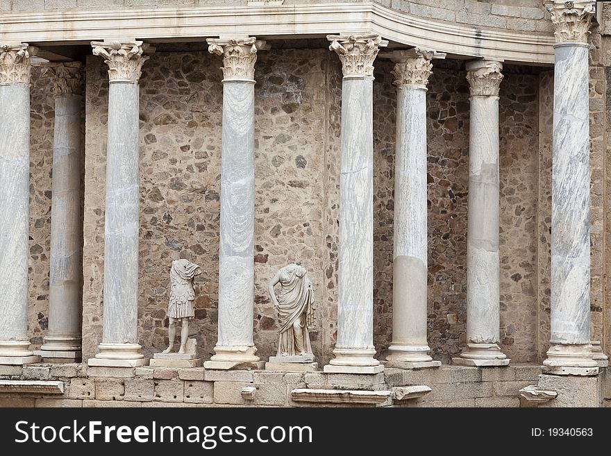 Columns and statues from the Roman amphitheater of Merida, Badajoz, Extremadura, Spain. Columns and statues from the Roman amphitheater of Merida, Badajoz, Extremadura, Spain