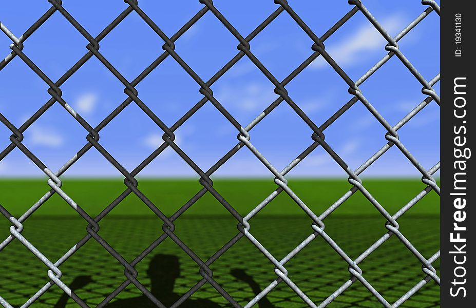 One man behind to a net who watches toward the horizon and hopes, one day, to be free (3d render). One man behind to a net who watches toward the horizon and hopes, one day, to be free (3d render)