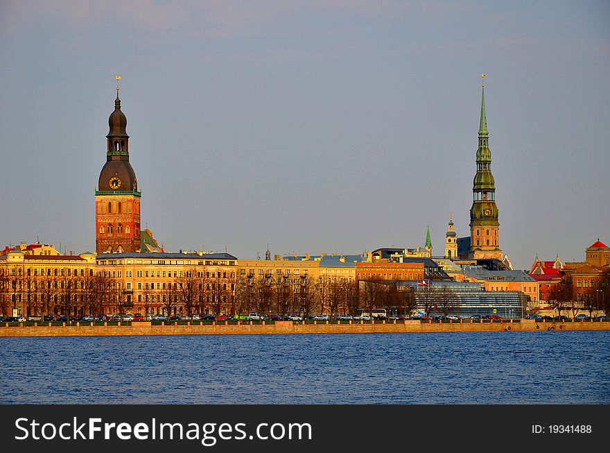 Riga old city tower and river